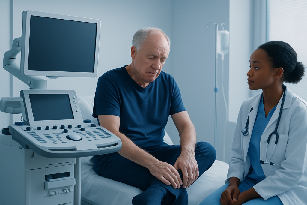 Doctor consulting with an elderly patient in a hospital room.