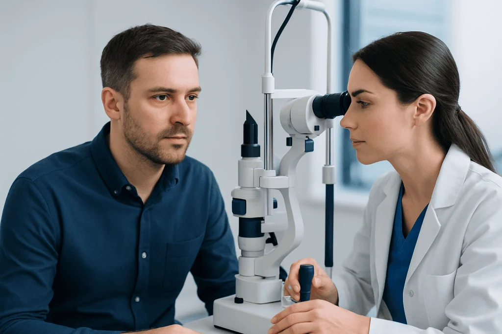Optometrist examines patient's eye with slit lamp at clinic.