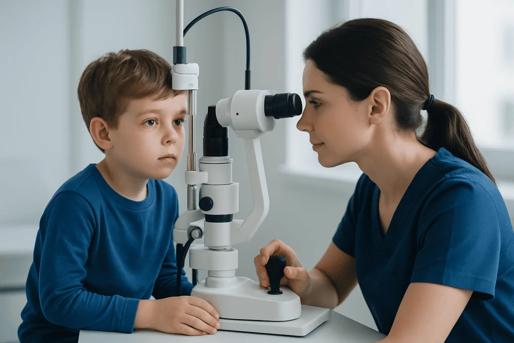 Pediatric eye exam with doctor using slit lamp microscope.