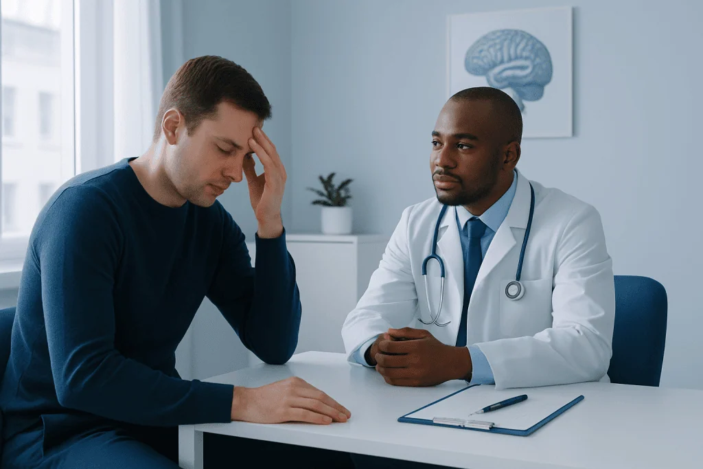 Patient consulting with a doctor about brain health concerns.