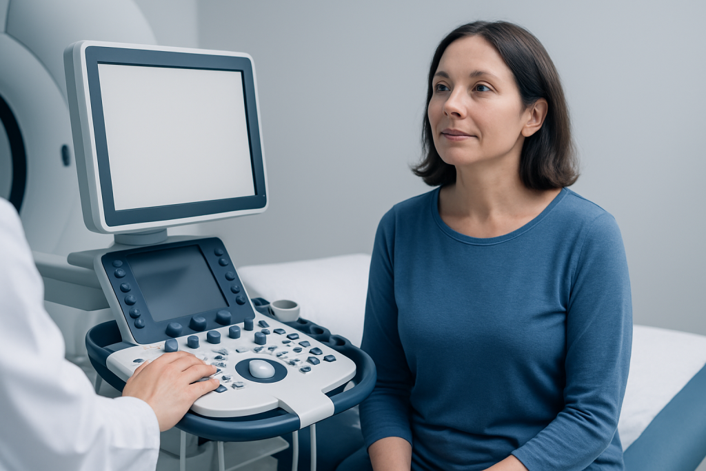 Woman undergoing a medical ultrasound examination at Acibadem Hospital.