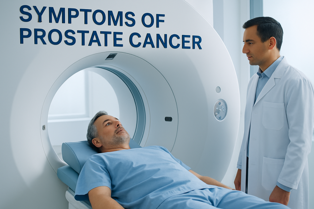 Doctor explaining prostate cancer symptoms to patient in hospital.