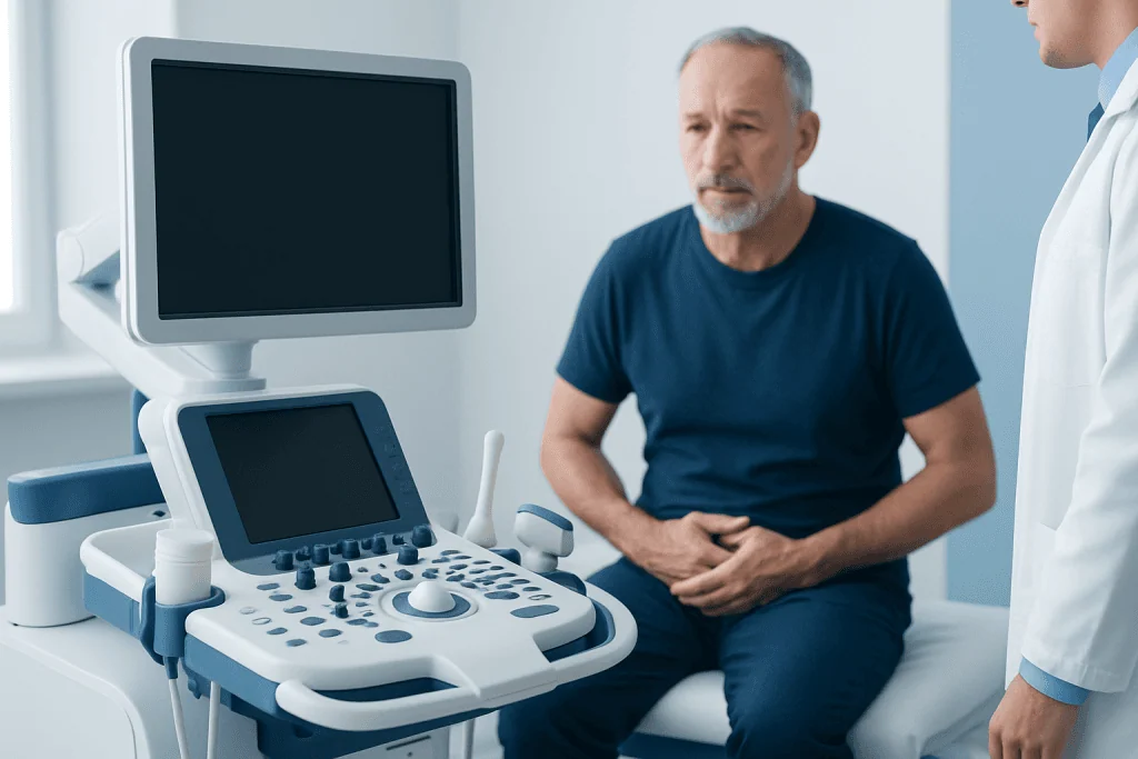 Urology consultation with ultrasound equipment at Acibadem Hospital.