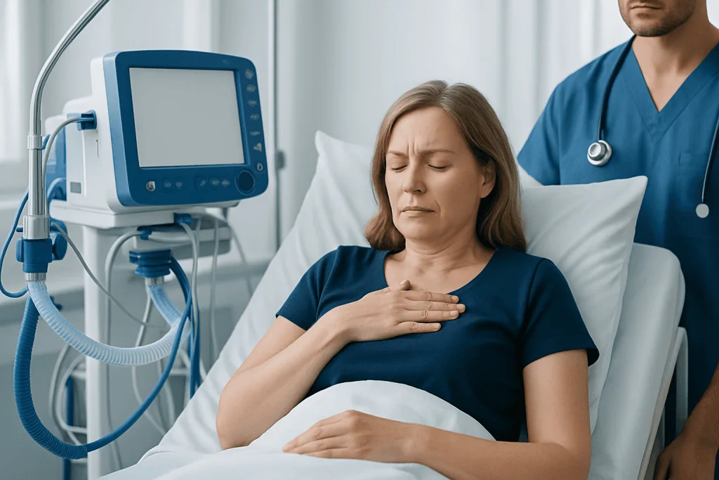 Patient experiencing discomfort in hospital bed with medical monitor nearby.