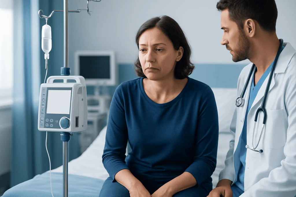 Doctor consulting a woman patient in hospital room with IV drip.