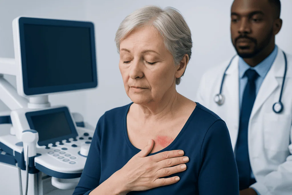 Senior woman experiencing chest discomfort during medical examination at hospital.