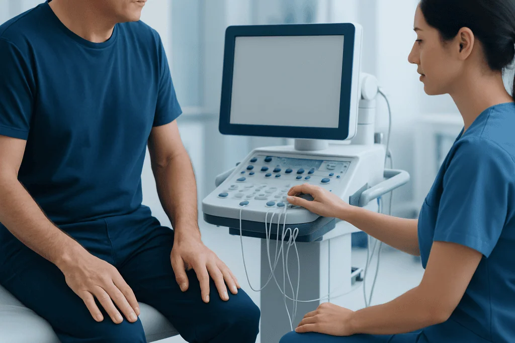 Doctor performing nerve test on patient in medical clinic.