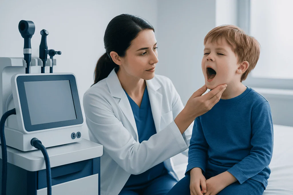 Pediatrician examining a child's throat in a medical clinic.