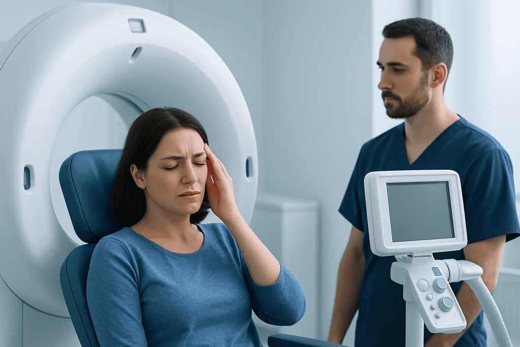 Woman experiencing headache during medical scan at Acibadem Hospital.