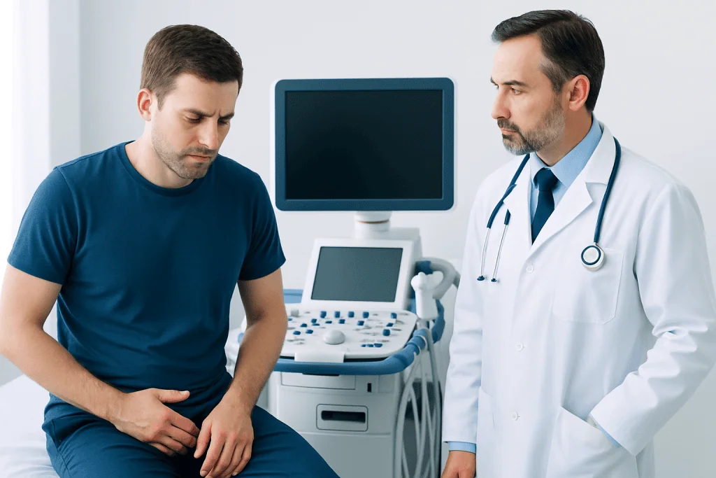 Doctor consulting with patient about testicular health in clinic setting.