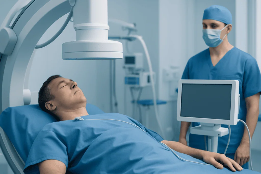 Patient undergoing coronary artery bypass surgery in a hospital operating room.