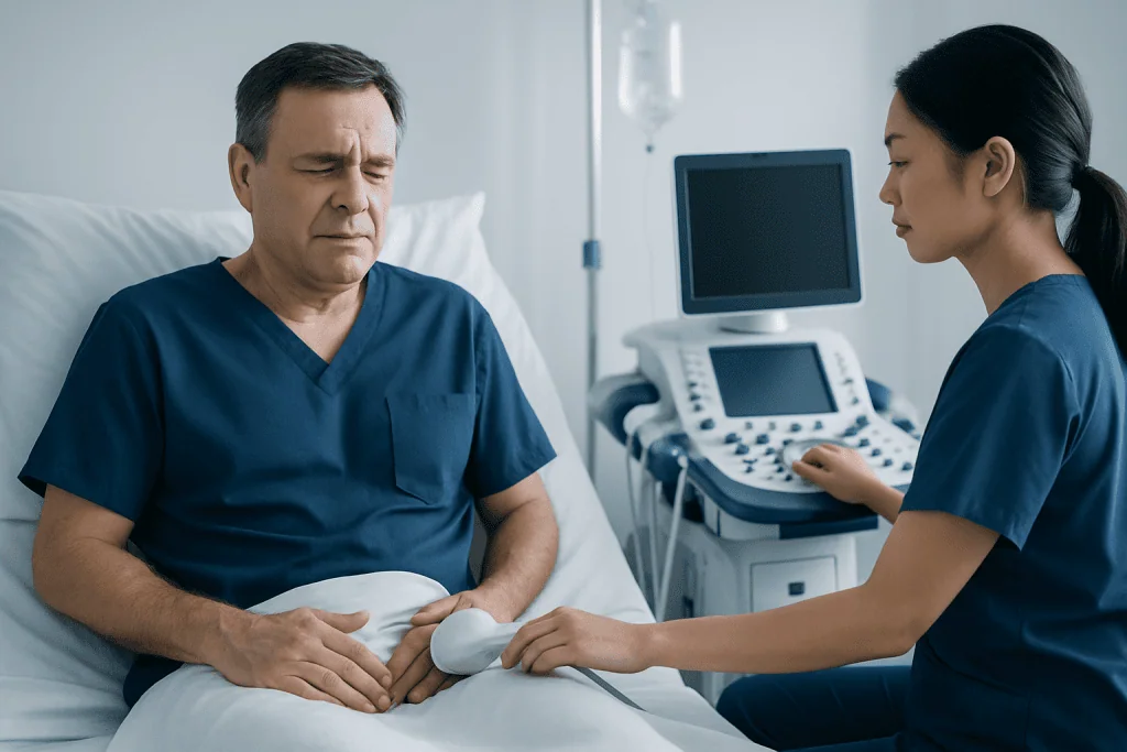 Doctor examining male patient with urinary retention in hospital bed.