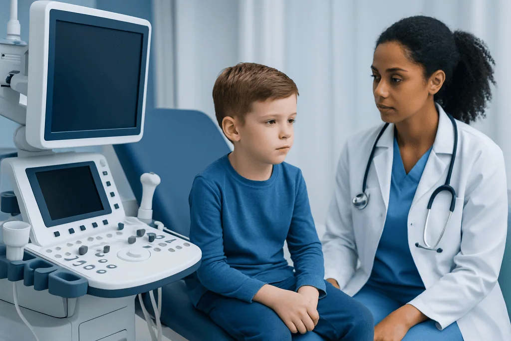 Pediatric doctor examining a young boy in a hospital room with ultrasound equipment.