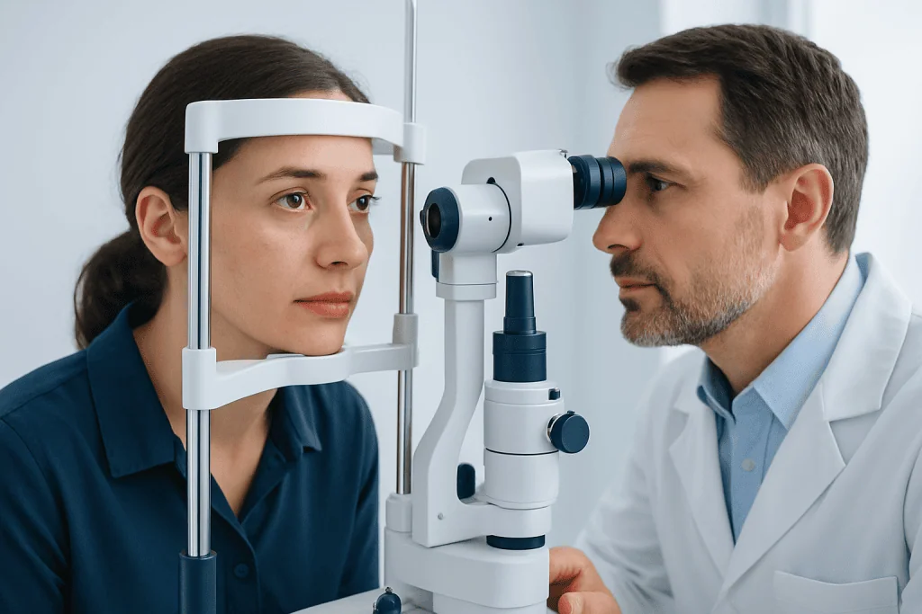 Ophthalmologist examining patient's eye with slit lamp microscope.