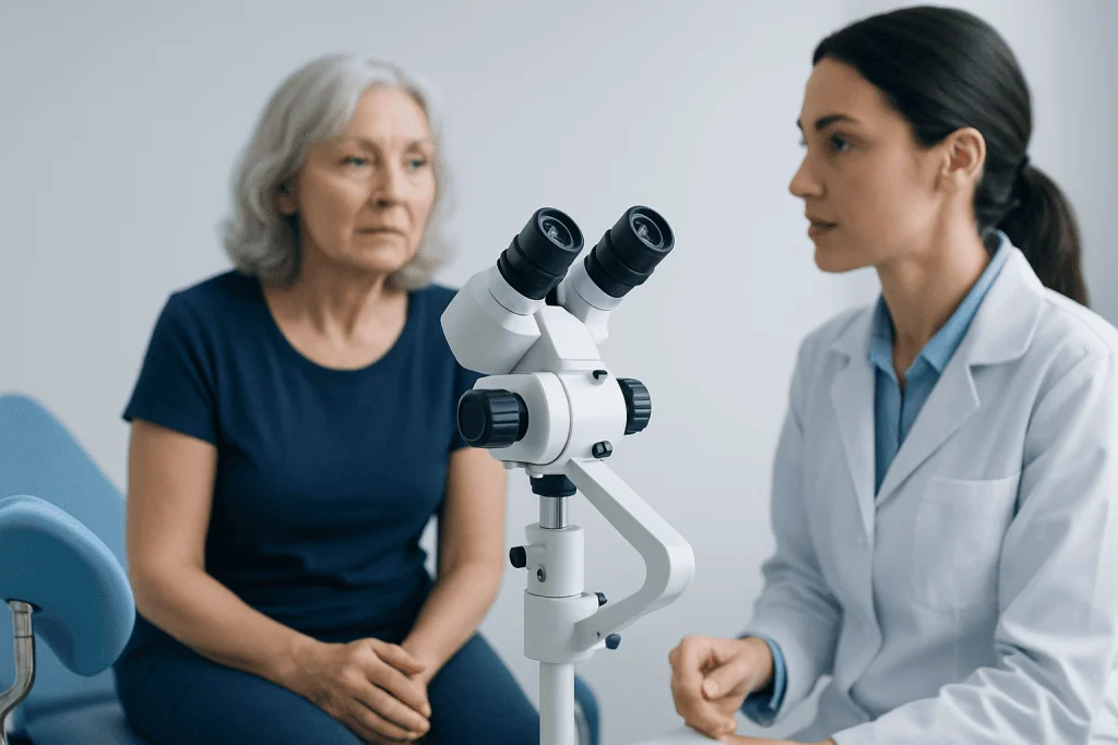 Doctor and patient discussing health with microscope in clinic.