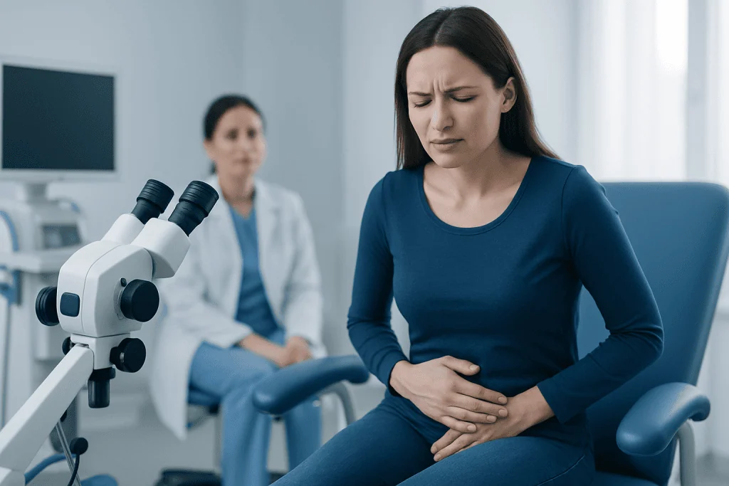 Woman experiencing abdominal pain during medical consultation at Acibadem Hospital.