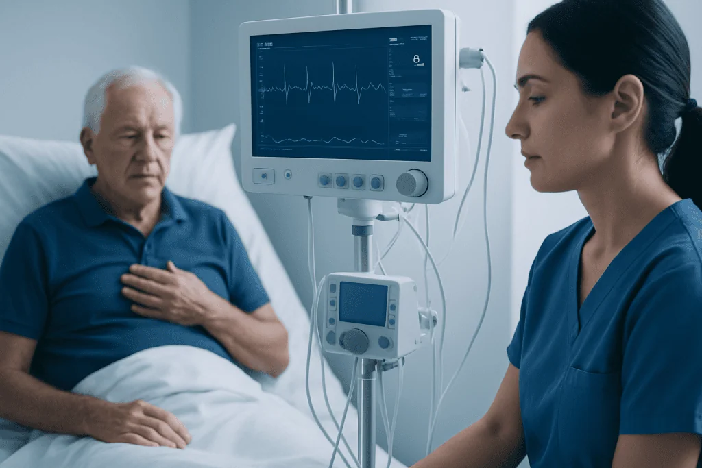 Elderly patient with heart monitor in hospital bed with nurse nearby.