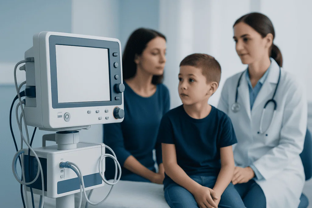 Child in hospital with medical staff and monitoring equipment.