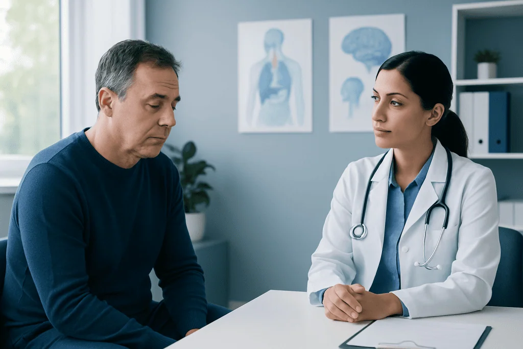 Doctor consulting with male patient about sleep issues in a medical office.