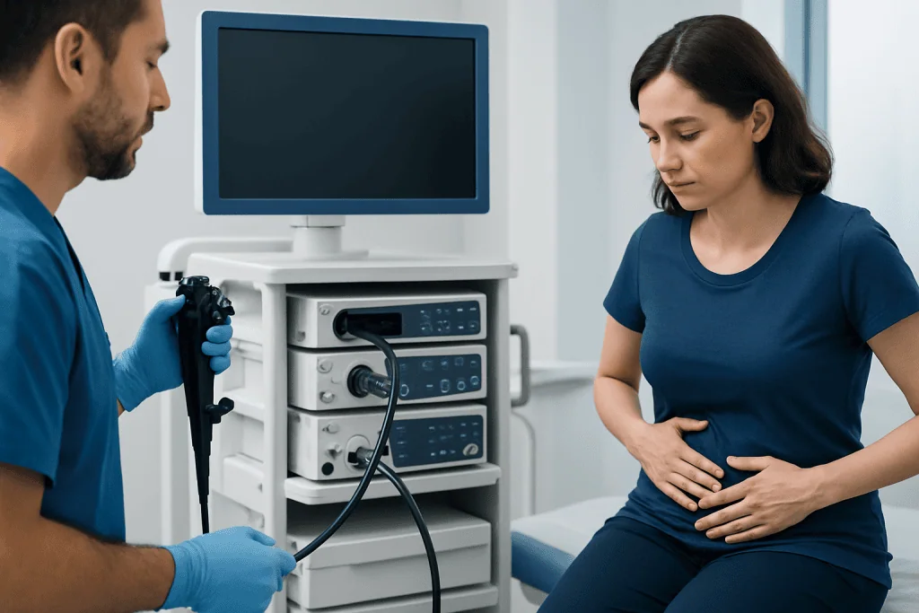 Doctor performing an endoscopy on a patient with Crohn's disease.