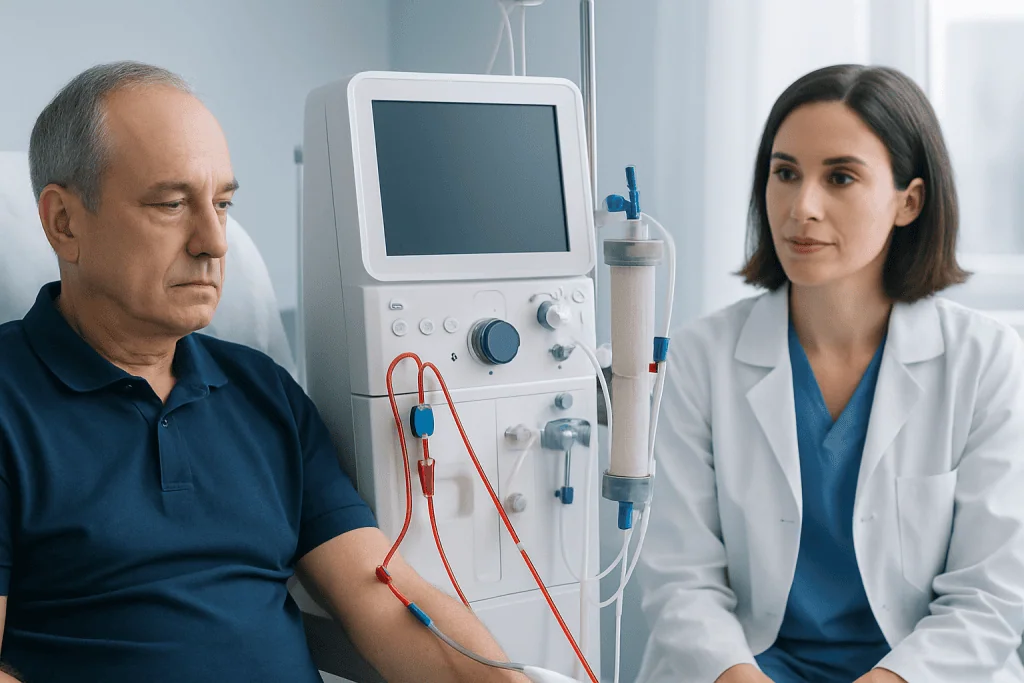 Patient undergoing kidney dialysis treatment in a hospital setting.