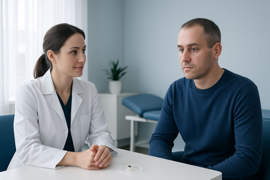 Doctor consulting with patient about eye prosthetics and recovery.