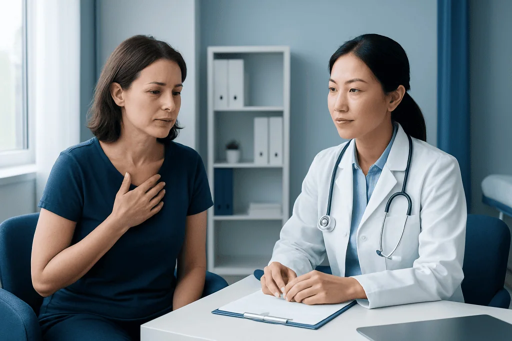 Doctor consulting with a patient about health concerns in a medical office.