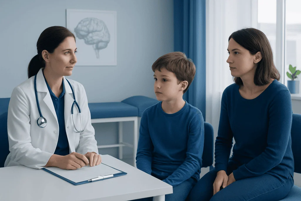 Pediatric consultation with doctor and mother discussing child's health.