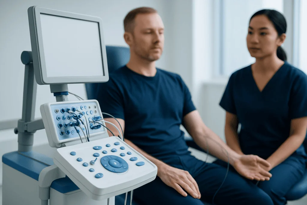 Patient undergoing neurological examination with medical equipment at Acibadem Hospital.