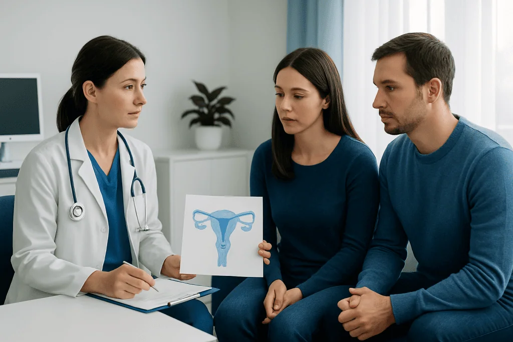 Fertility consultation with doctor and patients discussing reproductive health.