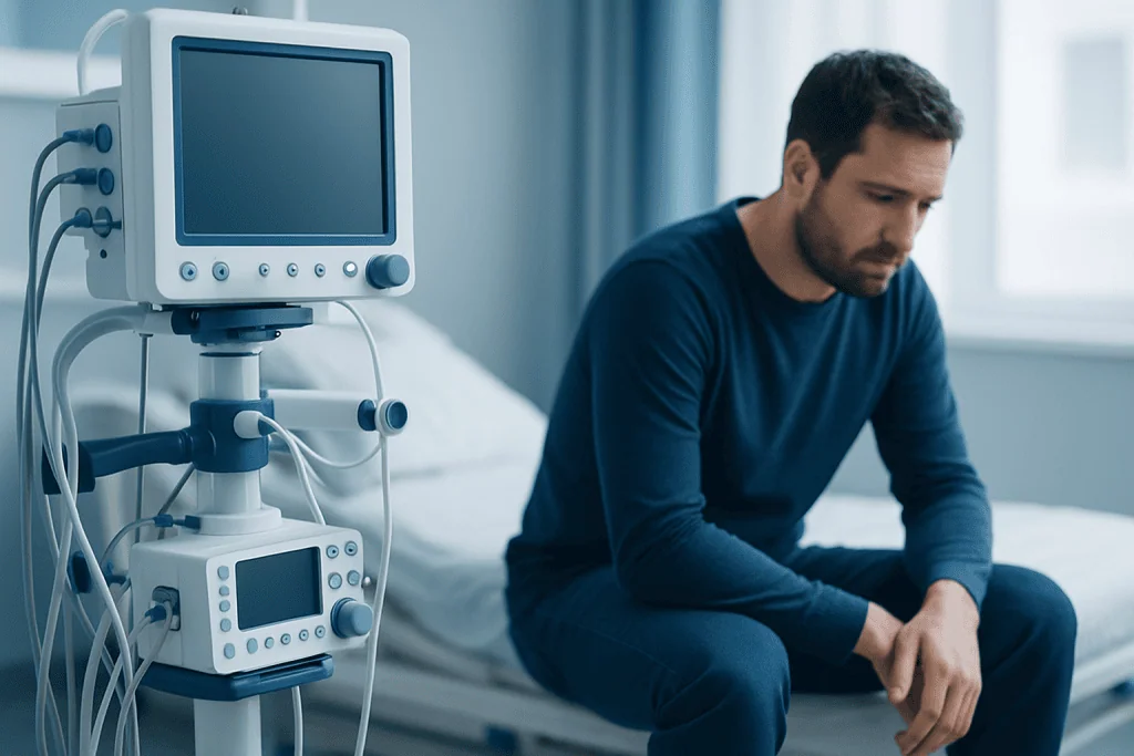 Man sitting on hospital bed looking worried with medical equipment nearby.
