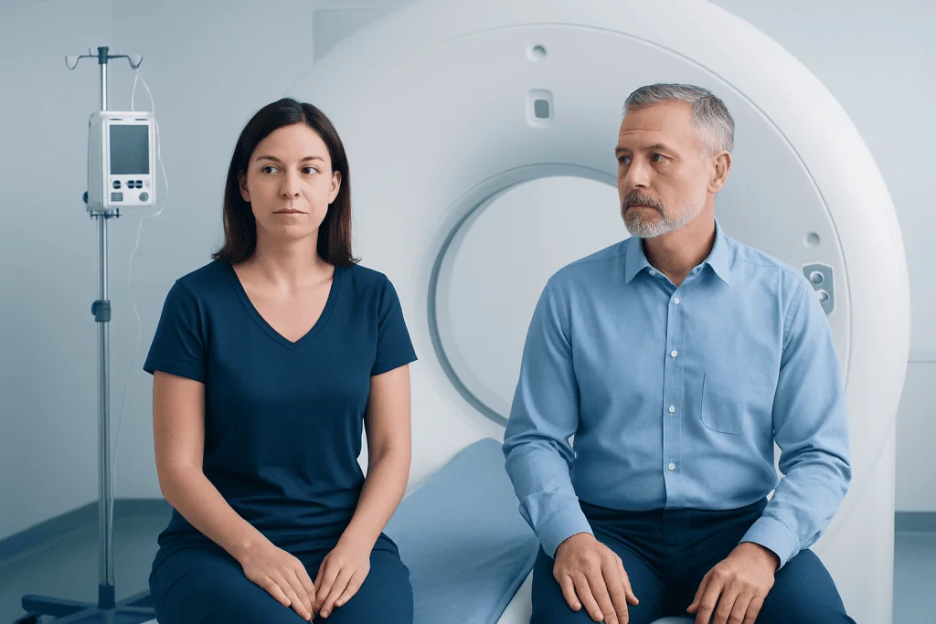 Patient and doctor in MRI scan room at Acibadem Hospital.