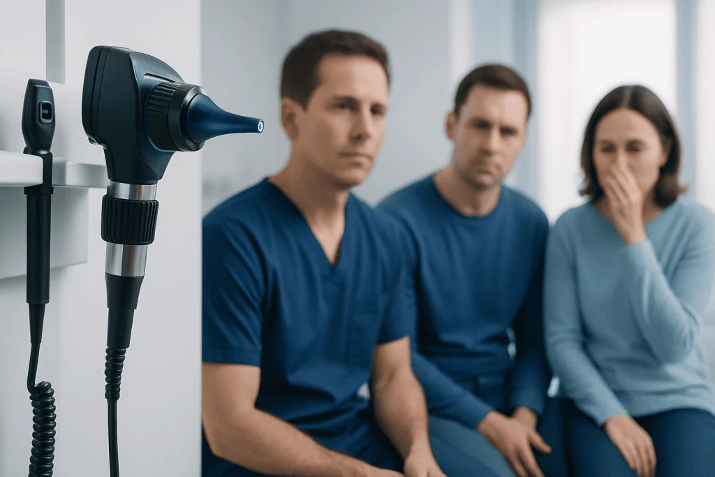 ENT consultation for sinus issues with medical equipment in the clinic.