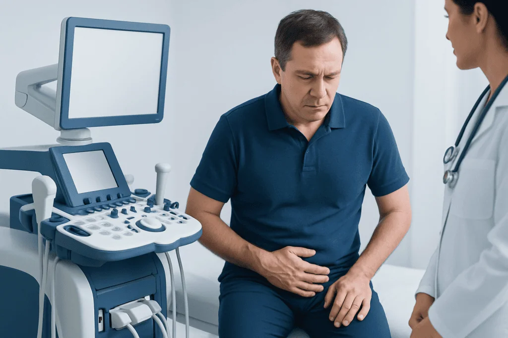 Male patient experiencing abdominal pain during a medical consultation at a hospital.