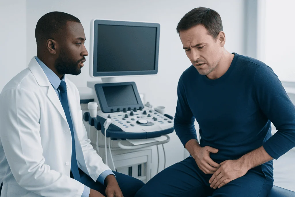 Doctor consulting with male patient about urinary symptoms in clinic.