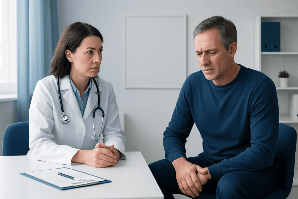Doctor consulting with middle-aged man about joint pain at night.