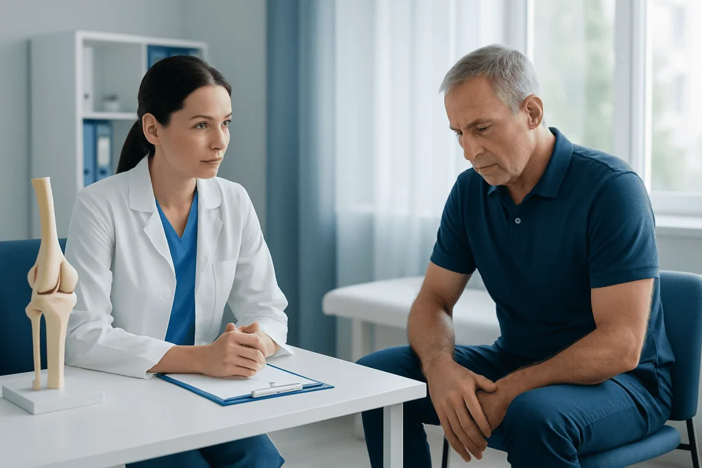 Doctor consulting with patient about orthopedic revision surgery options.