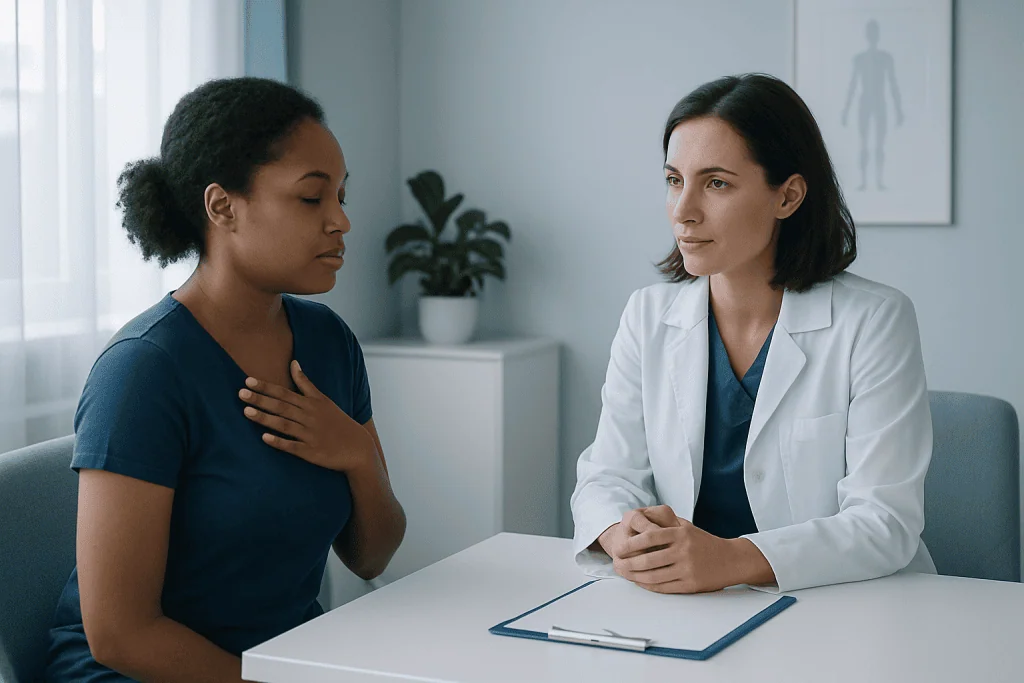 Doctor consulting with a patient about health concerns in a medical office.