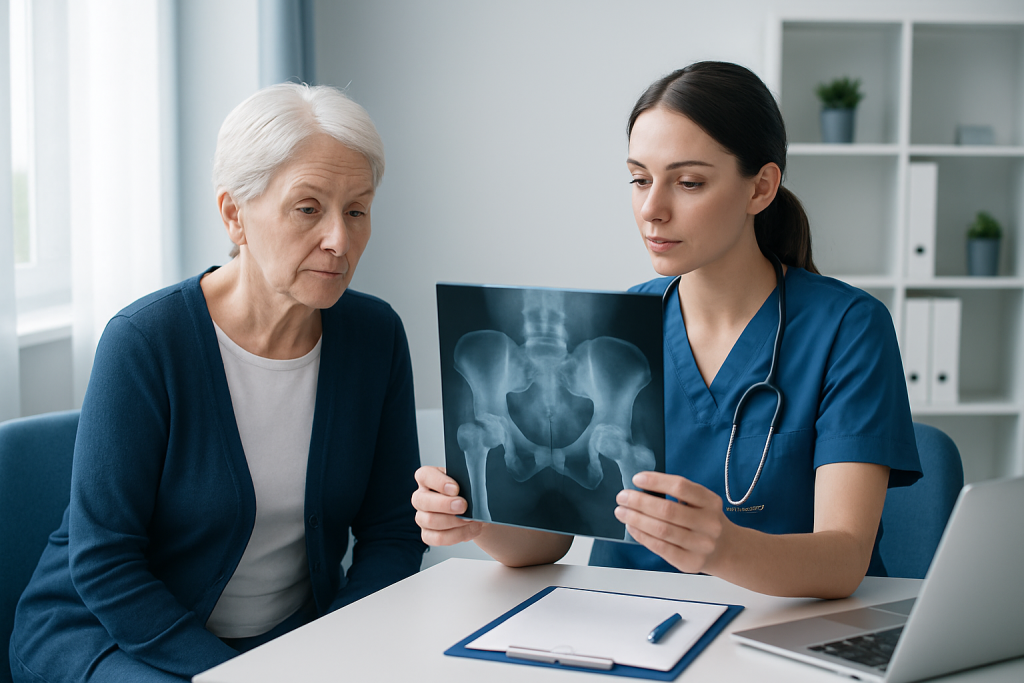 Doctor showing hip X-ray to elderly patient in a medical consultation.