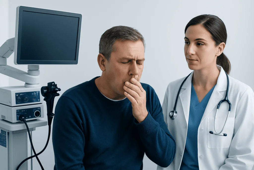 Doctor examines patient with digestive discomfort in a clinical setting.