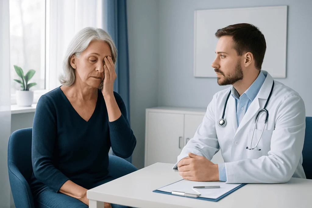 Doctor consulting with an elderly woman in a medical office.