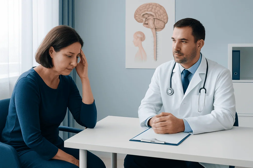 Neuroimmunologist consulting with a patient in a medical office.
