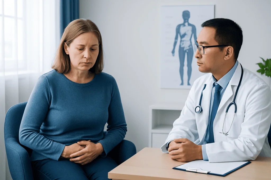Endocrinologist consulting with a female patient in a medical office.