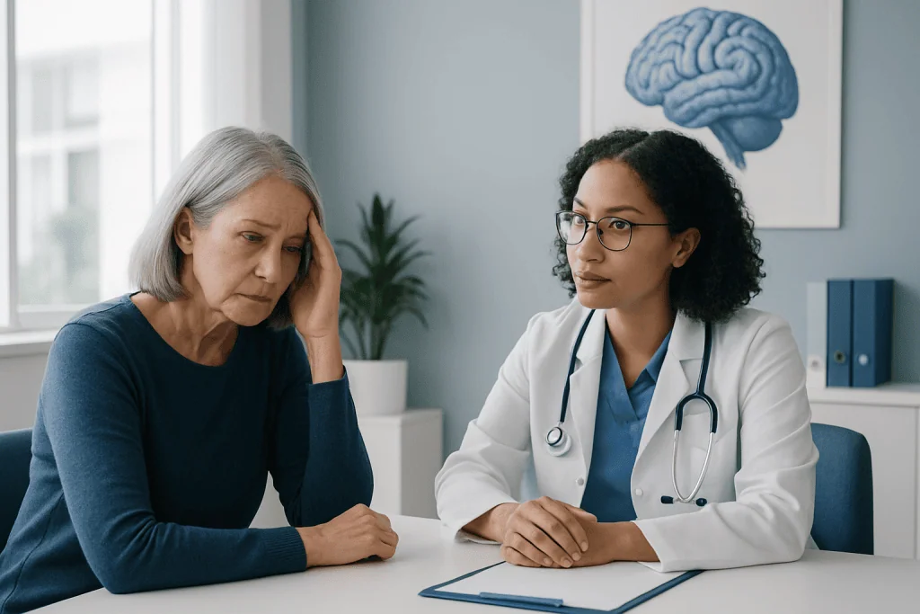 Neurologist consulting with an older female patient in a medical office.