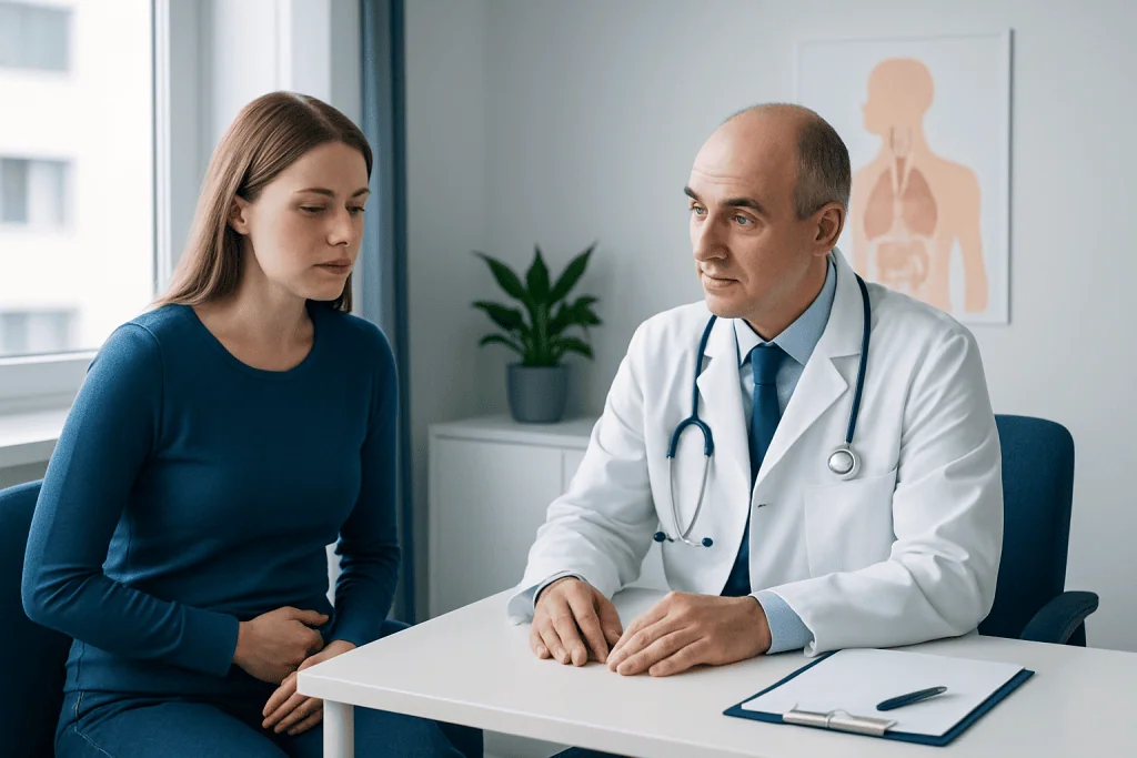 Endocrinologist consulting with a patient in a medical office setting.