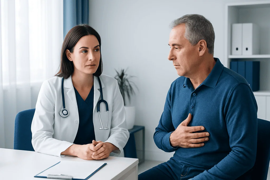 Doctor consulting with male patient about health concerns in clinic.