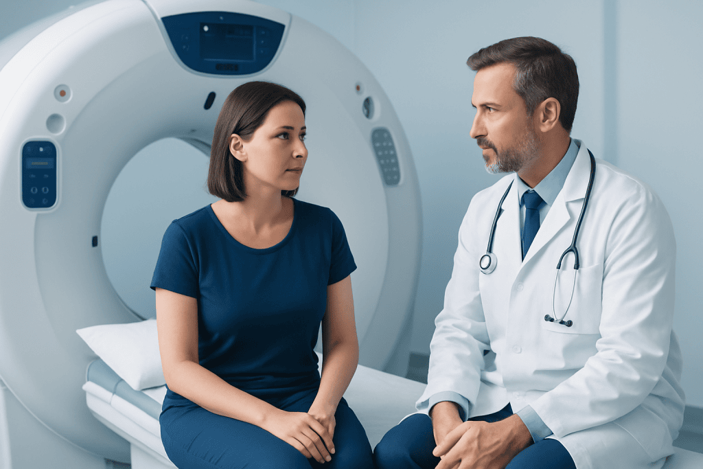 Doctor consulting with a patient in a hospital MRI room.
