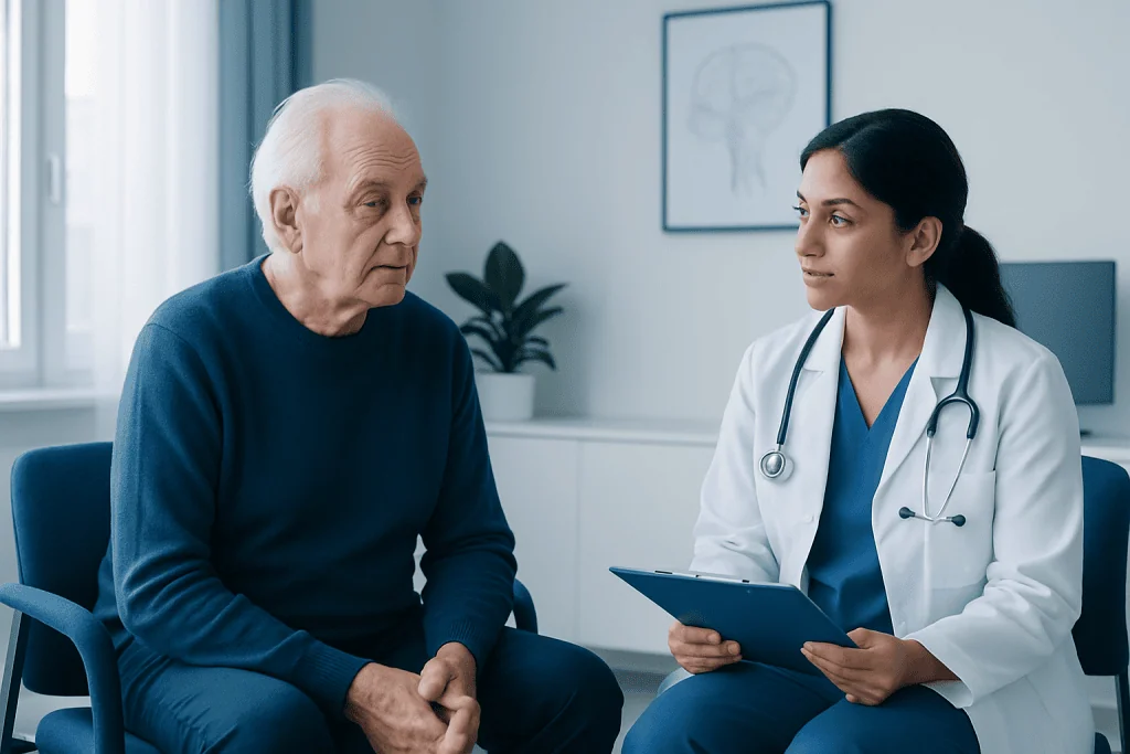 Doctor consulting with elderly patient in a medical office.