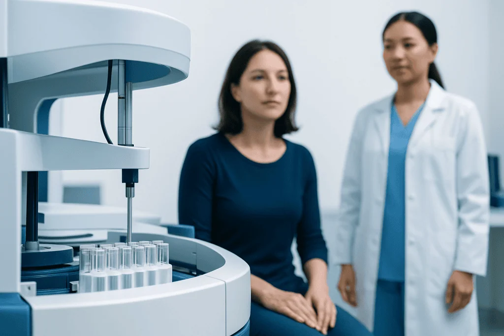 Medical professional conducting hormone testing with laboratory equipment and patient.