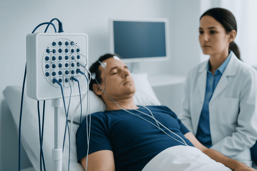 Patient undergoing sleep study with EEG monitoring at Acibadem Hospital.